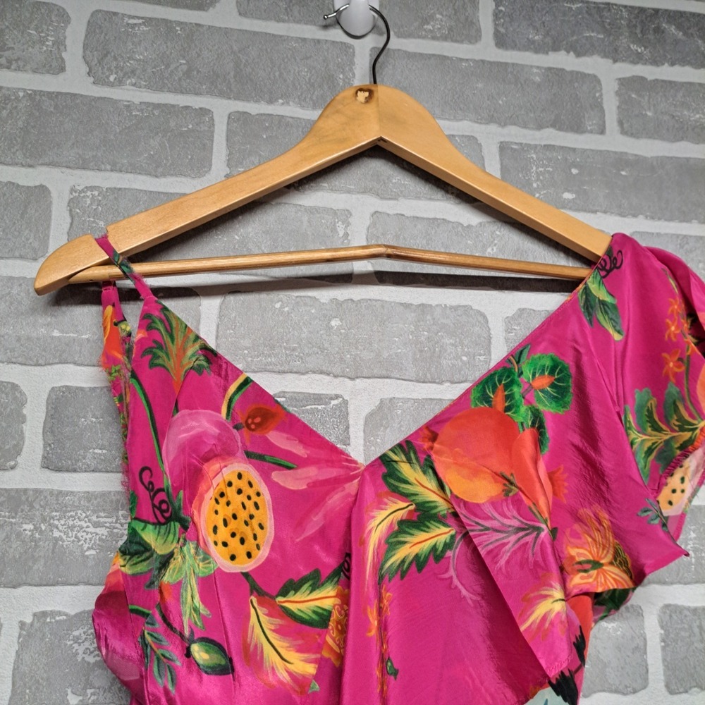 Farm Rio Ruffled Floral Print Satin Crepe De Chine Midi Dress Size Small - Picture 8 of 16